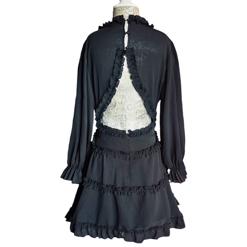 Sexy Black Ruffle Long Sleeve Dress bohemian festival cottage cocktails large - Picture 3 of 7